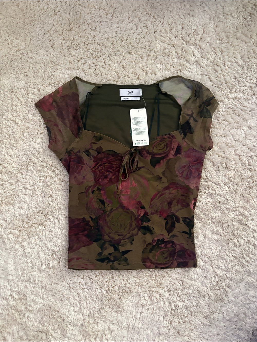 twik Olive Floral Mesh Tie-Front Short Sleeve Top